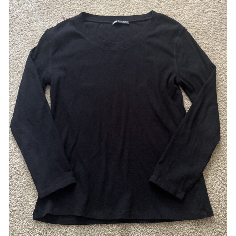 Zara Boat Neck 3/4 Sleeve Top Womens Size L Black Ribbed Minimalist
